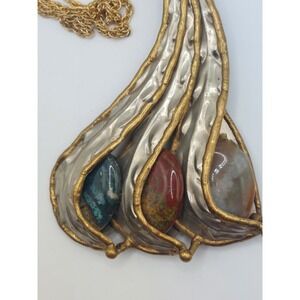 1970s Necklace Earthy Artisan Mixed Metal Statement Natural Stone Boho Vintage